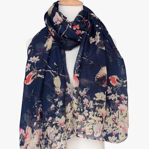 Gerinly Women’s Vivid Color Florals and Birds Navy Scarf NWOT